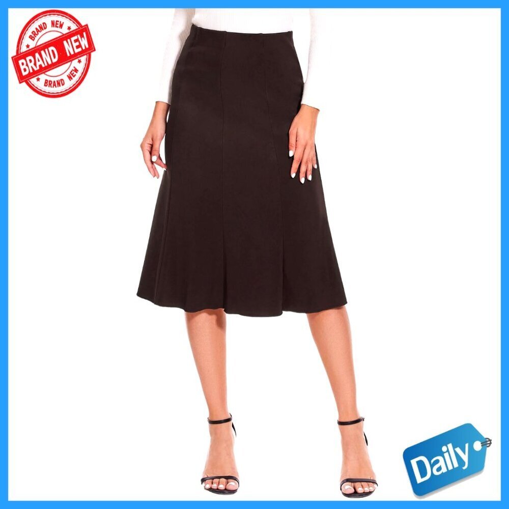 Knee Length Flared Skirt High Waist Elastic Office Casual Midi